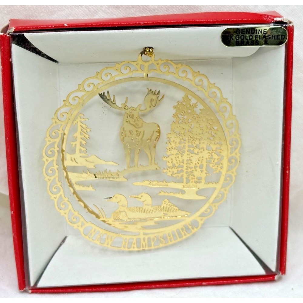 24k Gold Plated New Hampshire Christmas Ornament Moose Duck Tree Wildlife Boxed